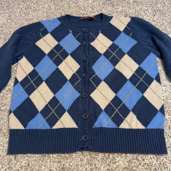 Y2K Vintage Argyle Cardigan NorthCrest L Blue Tan Cotton GUC Preppy Academia - Picture 4 of 8